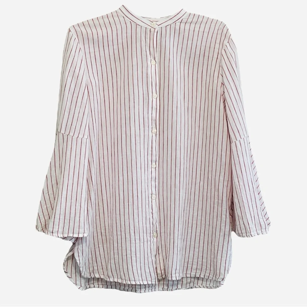 CHAPS Bell Sleeve Button Down Women’s Blouse, Linen&Cotton, Red/White, Large - Picture 2 of 11